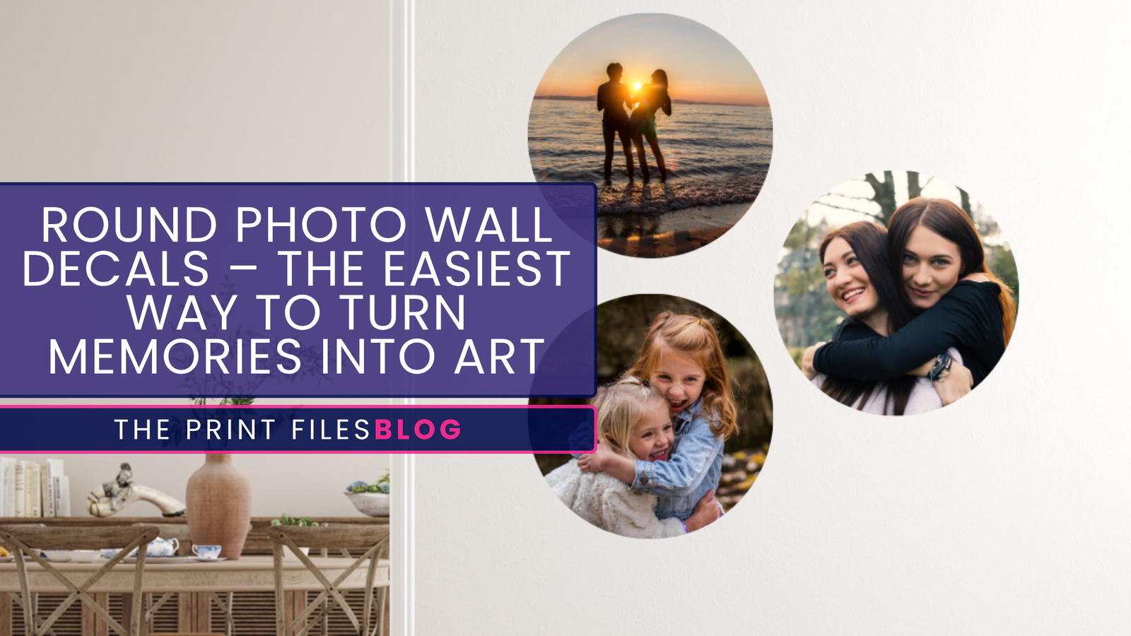 custom printed round fabric wall decals in living room gallery layout