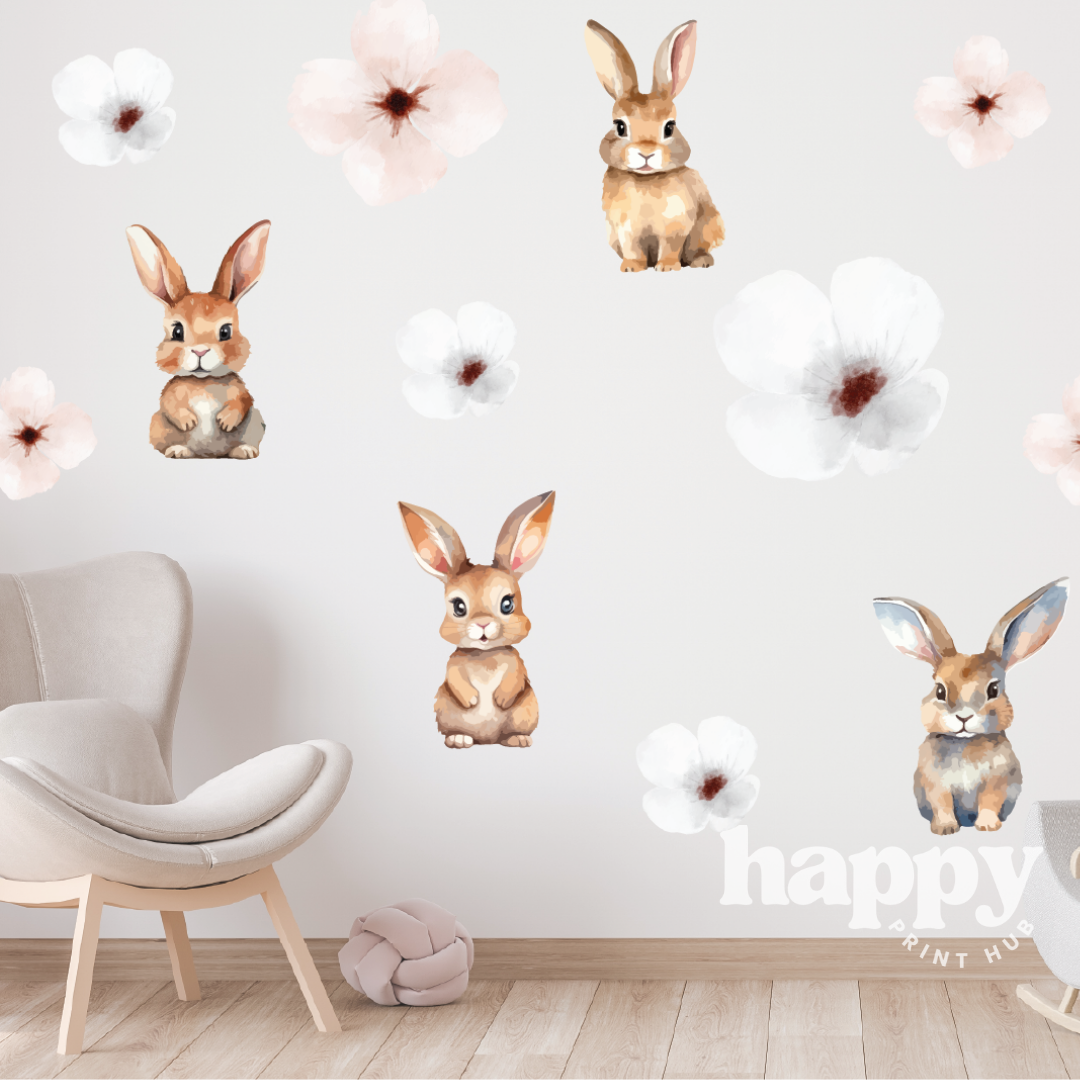 Bunnies + Flowers Wall Decals