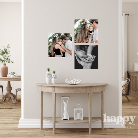 square photo decals arranged in a photo wall collage