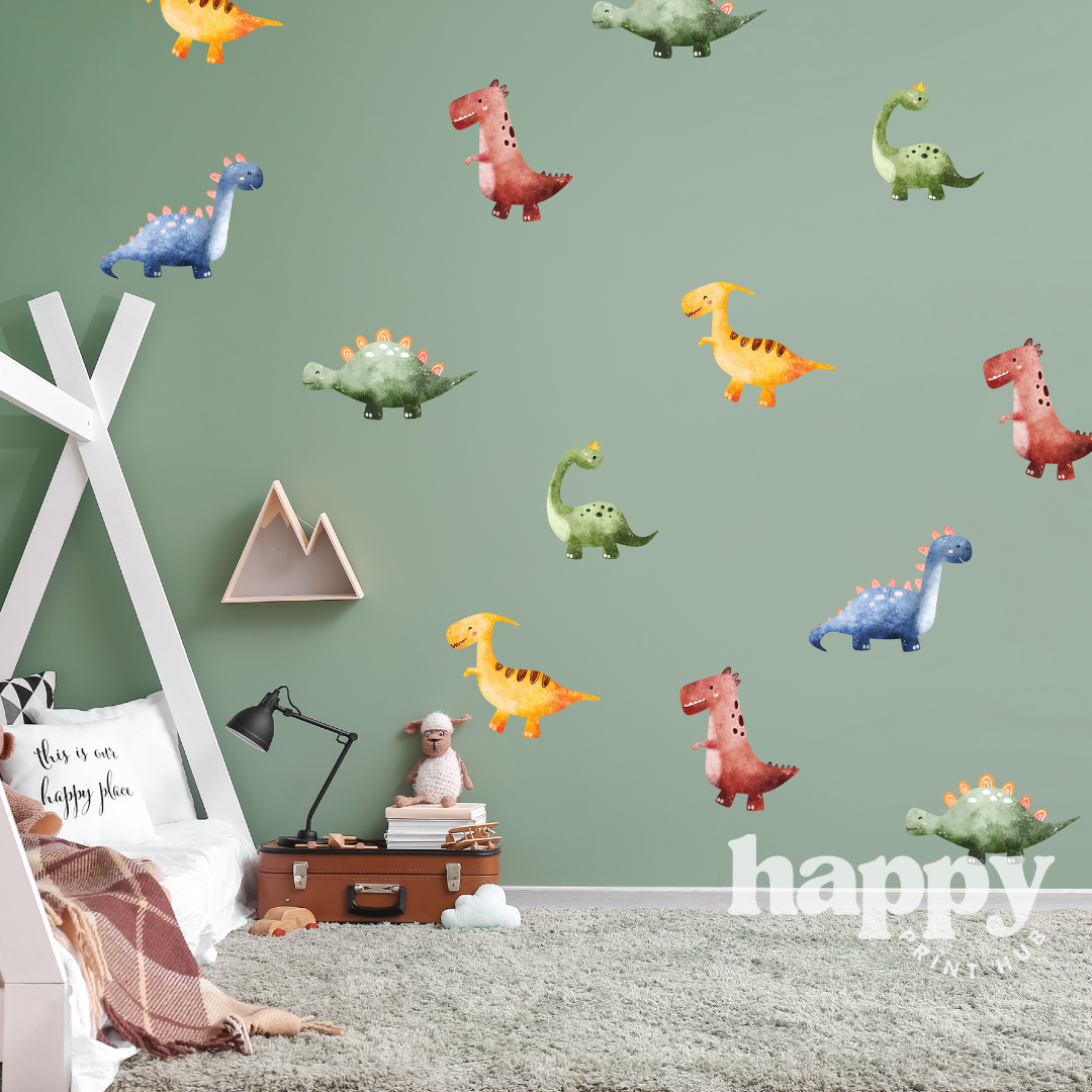 Removable dinosaur wall decals in soft and bold colours, styled in a kids' room – perfect for nursery, bedroom, or playroom decor