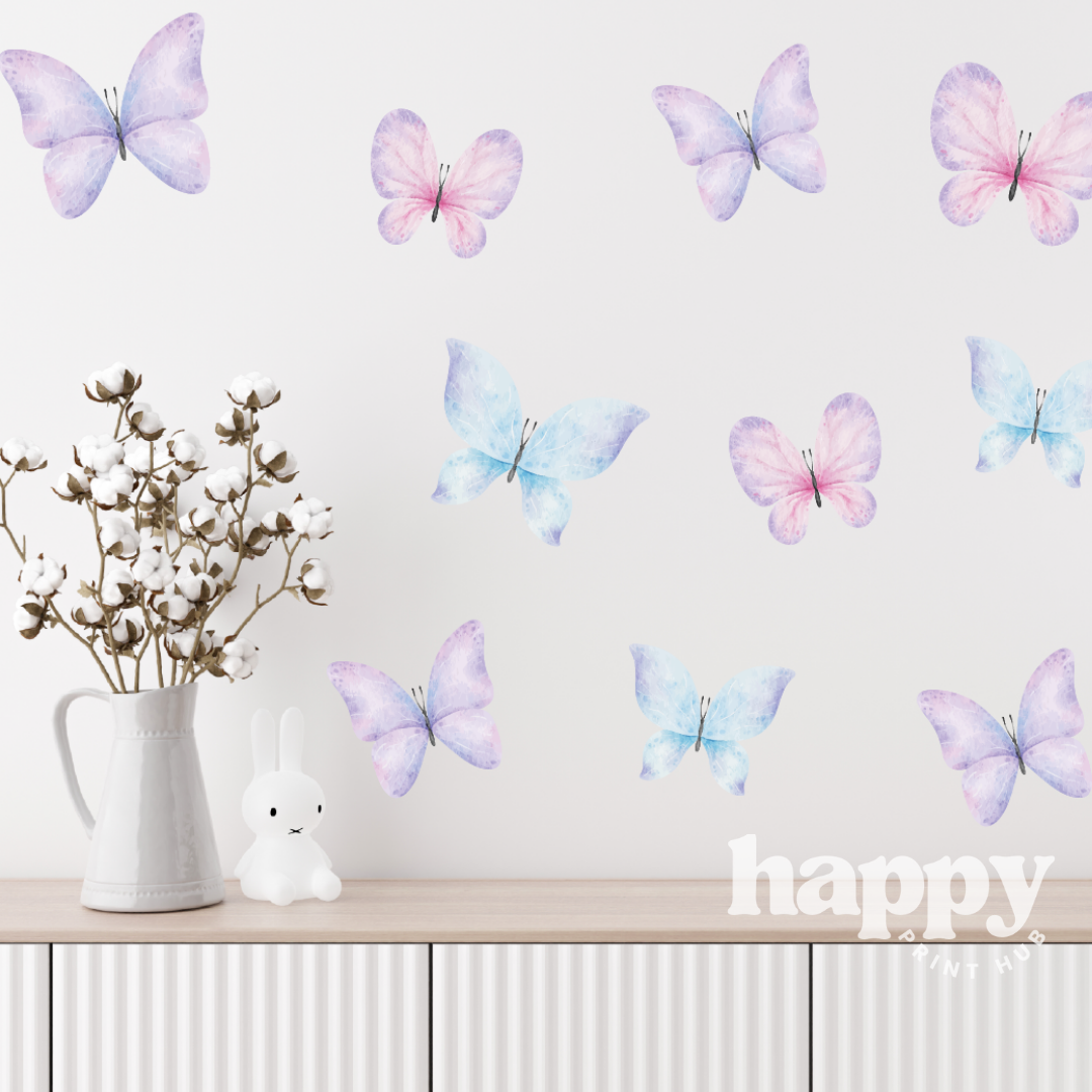 Pastel butterfly removable fabric wall decals applied to a styled room wall