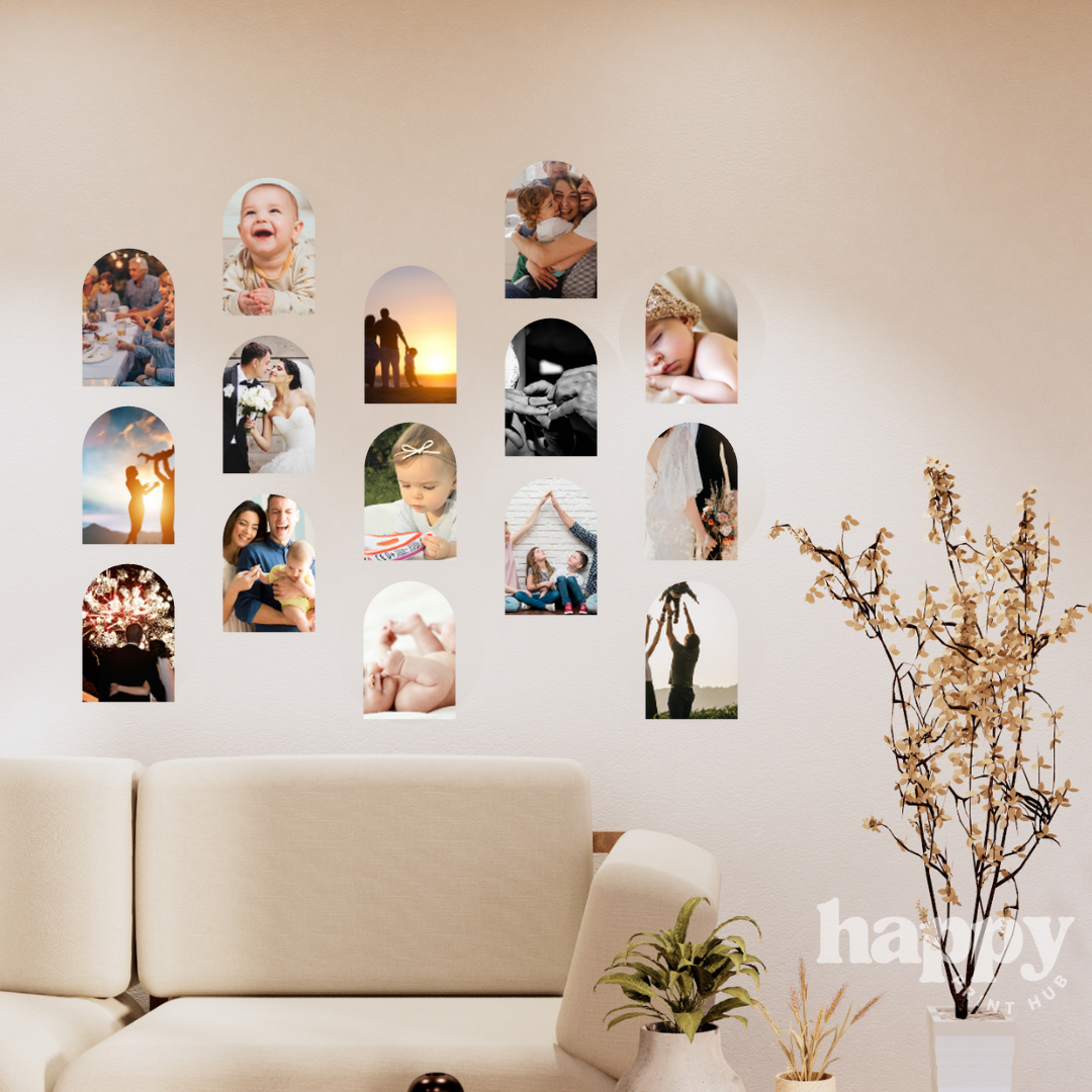 Personal photos printed as 20cm arch removable photo wall decals, arranged in a cluster on a wall