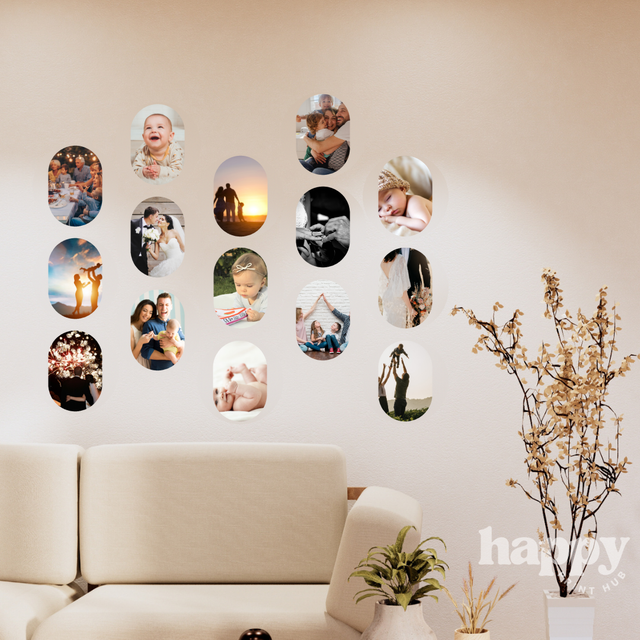 Personal photos printed as 10cm oval removable photo wall decals, arranged in a cluster on a wall