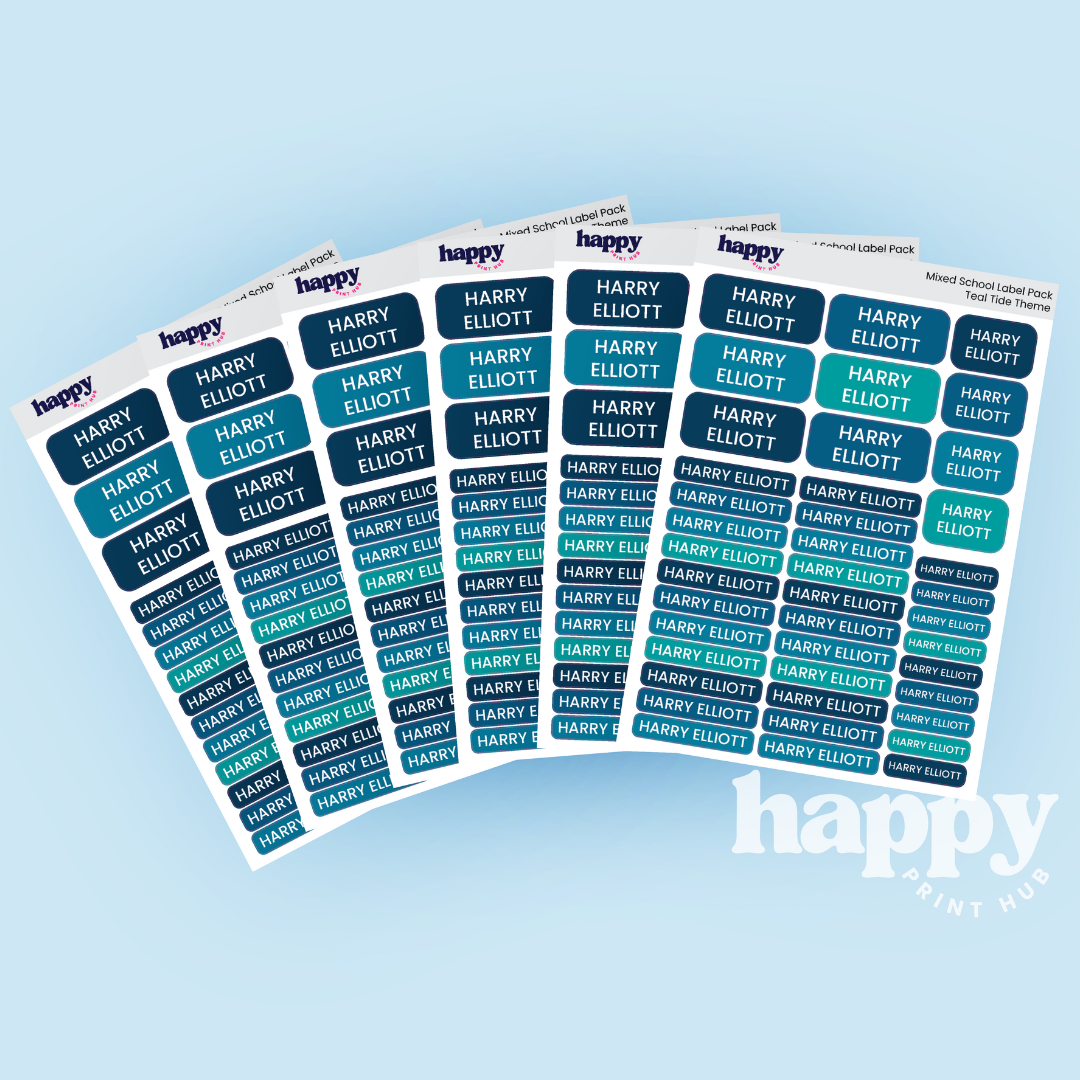 Personalised school name labels in a mixed-size pack of over 240 labels