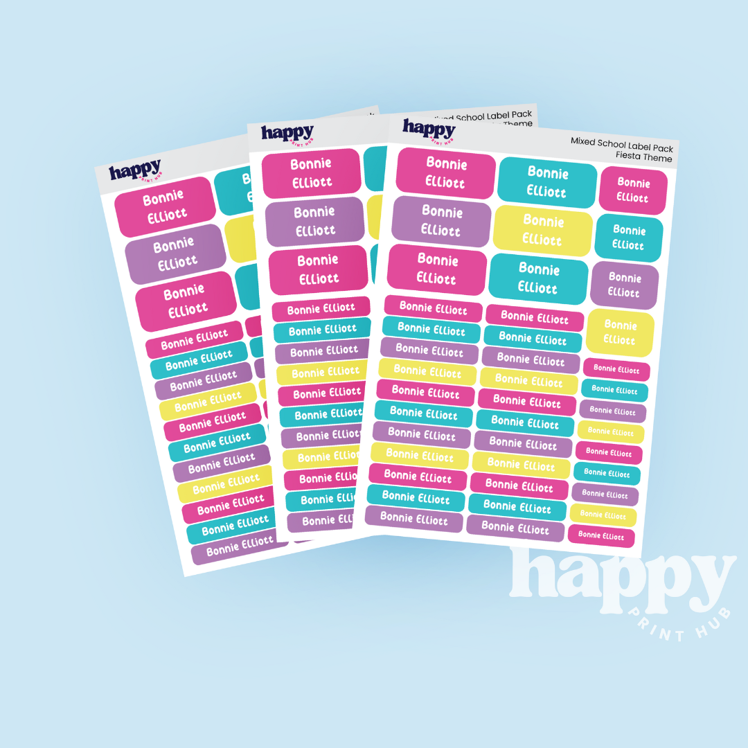 Personalised school name labels in a mixed-size pack of over 100 labels